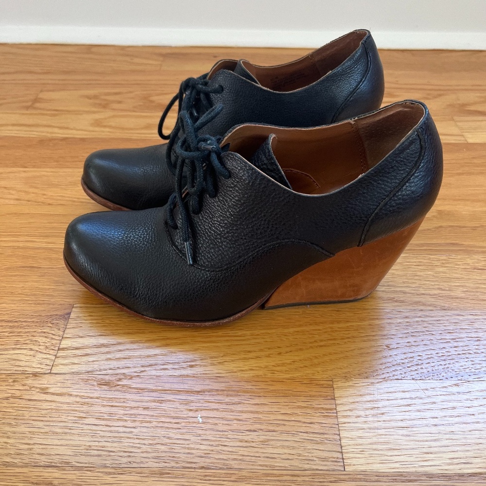 Kork Ease Wedge Oxford Black Leather shoes, women's 8.5